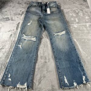 Vintage Wash Distressed Wide Leg Jeans